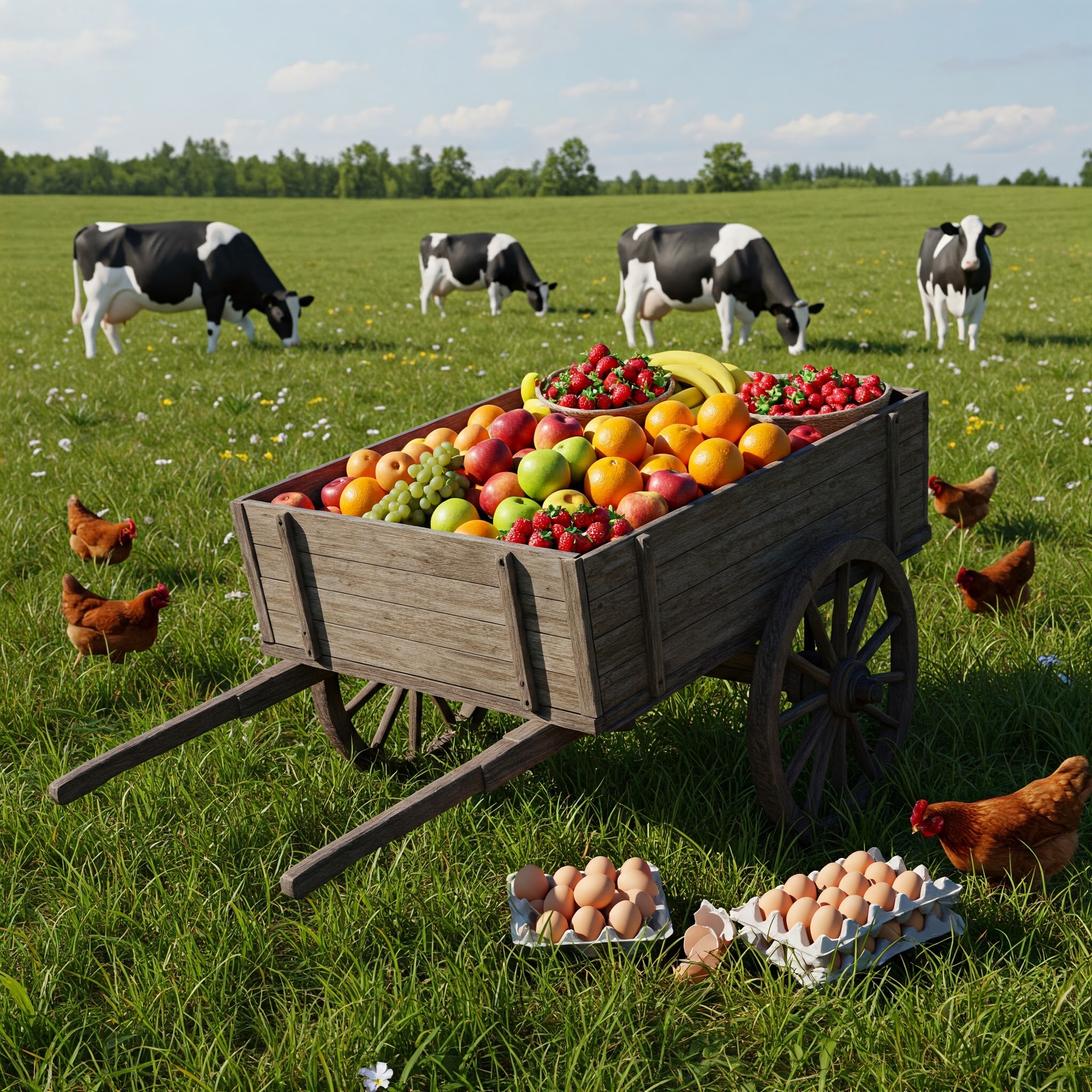 wagen met fruit en eieren in een weiland met koeien